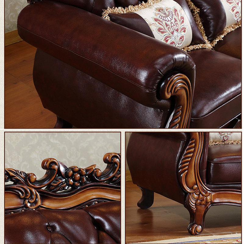 Romero Europeanstyle Living Room Carved Sofa. 92.5'' Genuine Leather